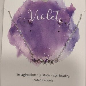 Silver Tone Purple CZ Stud Earrings and Necklace with CZ Accents